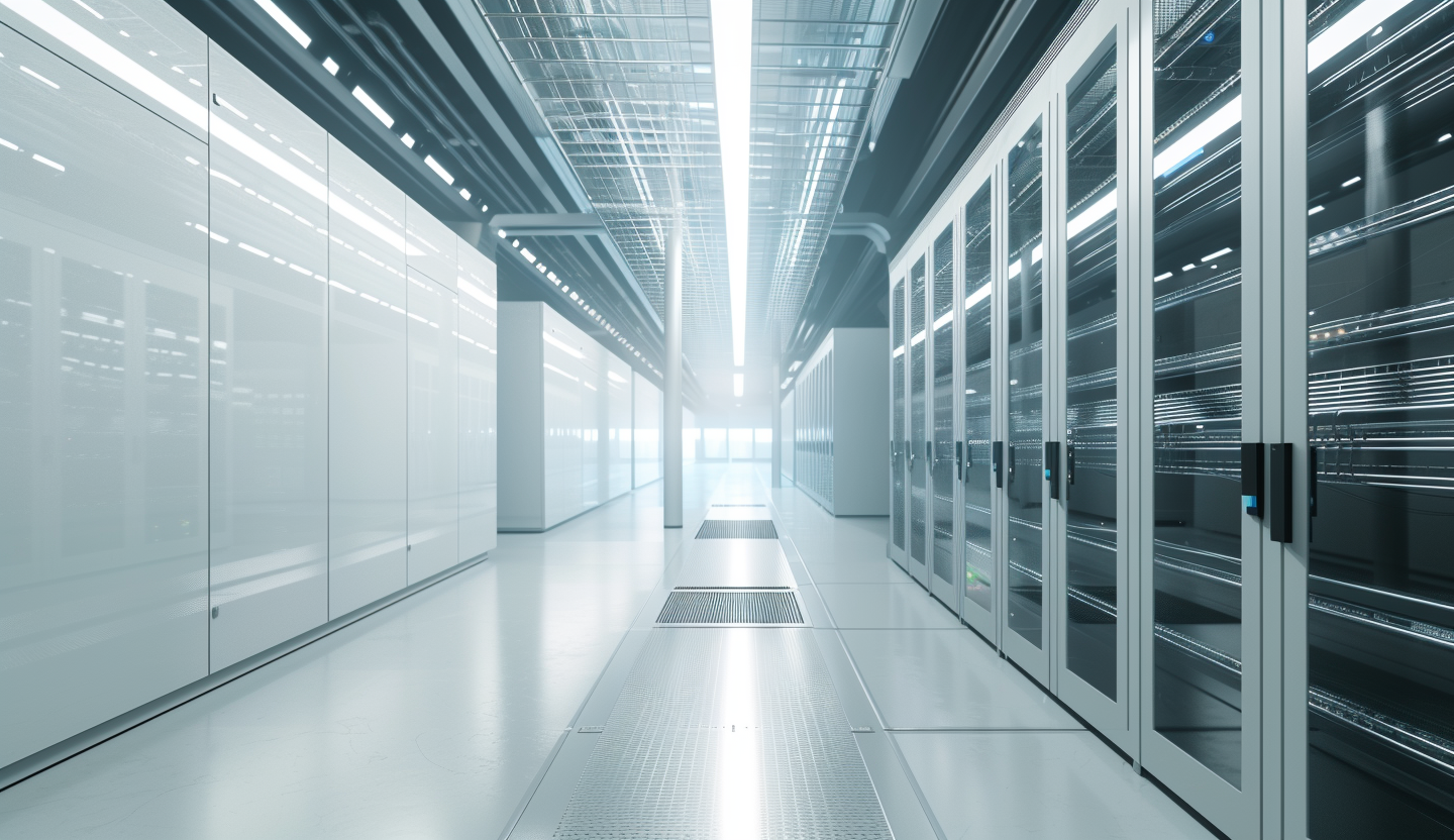 Modern data center with rows of high-end servers and LED lighting, showcasing advanced technology infrastructure