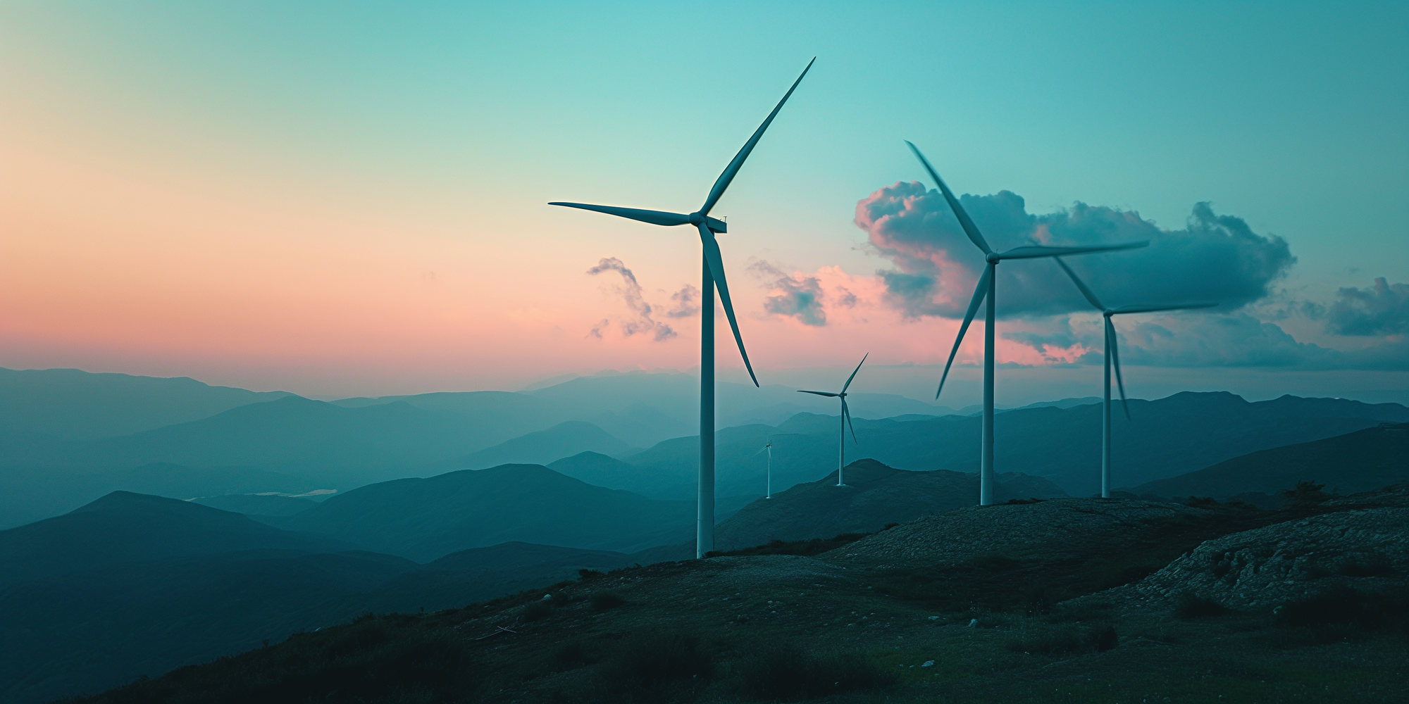 Wind turbines on a mountain ridge at dusk with a gradient sunset sky in the background.